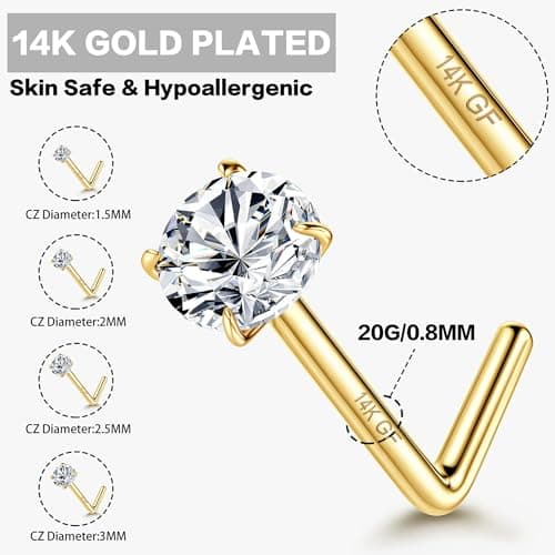 YADOCA Piercings Nez 4 Pièces Acier Chirurgical 316L Rond Zircone Cubique Or Piercings de Nez Bijoux