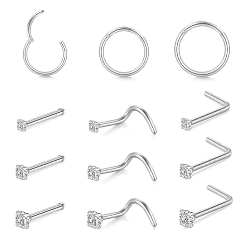 AceFun piercing nez argent or, anneau mince pour femmes et hommes, forme L petit nez stud 20G Strassbijoux — C-12pcs mélange forme-argent