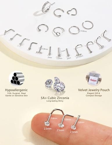 Set Kit Piercings Nez 19 Pièces Or Argent Hypoallergéniques