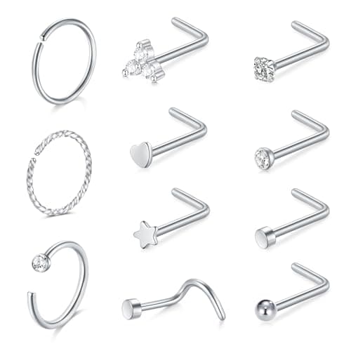 AceFun piercing nez argent or, anneau mince pour femmes et hommes, forme L petit nez stud 20G Strassbijoux — A-11pièces-mélange-argent