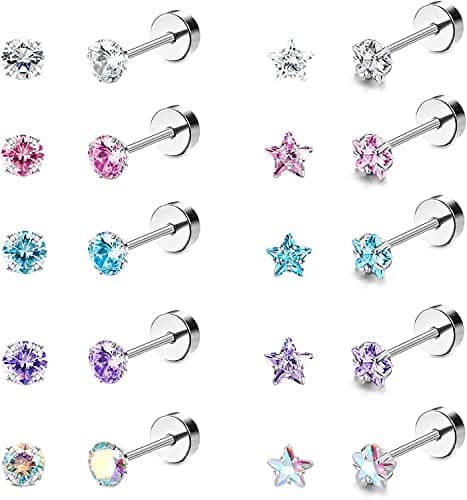Adramata 10 Paires Boucles d'Oreilles Acier Inoxydable Étoile Cubique Zircone Tragus Barbell Femmes Recycled Claim Stand