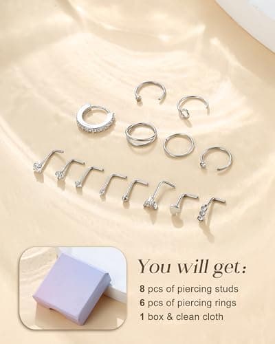 CASSIECA Piercing Nez en Acier Chirurgical pour Femmes et Hommes - Bijoux de Septum Or et Argent, Zircone, 14 Pièces, 20