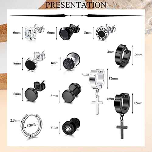 Adramata 12 Paires Boucle d'Oreille Acier Inoxydable Homme Cool Piercing Croix Recycled Claim Standard 100 mm Boucles d'