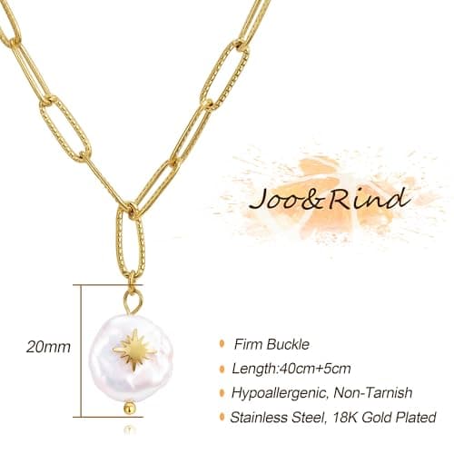 Collier Or Joo&Rind pour Femme, Chaîne Acier Inoxydable Perle Plaqué Or 18k, Bijoux Bohème Cadeaux Femmes