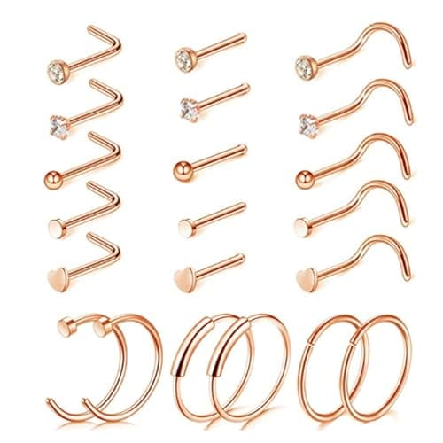 LOCCY Piercings Nez en Acier Inoxydable Bijoux pour Femmes et Hommes - Anneau de Nez 21-30 Pièces 20G Or Argent CZ L/Vis — 21 Pièces-Or Rose
