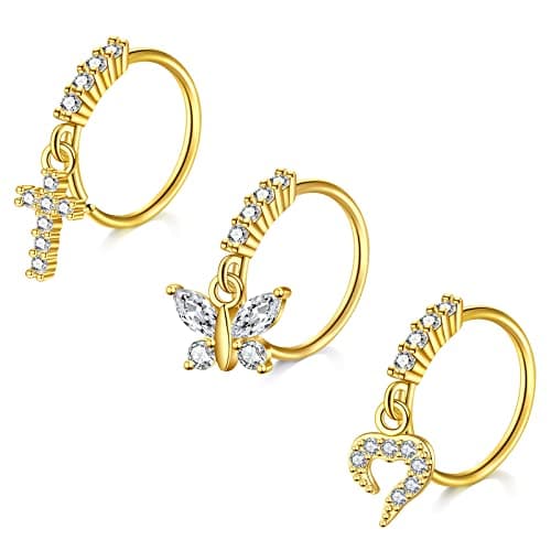 Mayhoop Piercing Nez en Acier Chirurgical pour Femme et Homme - Coeur Fleur Papillon Ramure - 20G - Disponible en Argent — 3pcs-doré-set2