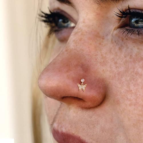 Milacolato Piercings Nez Femme Or Acier Inoxydable CZ Anneaux de Nez Argent Coeur Papillons Clous de Nez Bijoux 14Pièces
