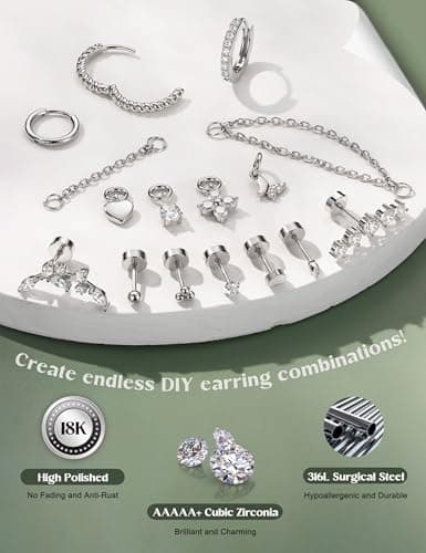 Adramata Piercing Oreille Acier Inoxydable Boucles d'Oreilles Femme Or Argent Creoles Petits Piercings avec Breloques St