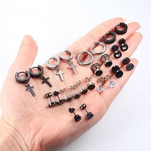 Adramata 12 Paires Boucle d'Oreille Acier Inoxydable Homme Cool Piercing Croix Recycled Claim Standard 100 mm Boucles d'