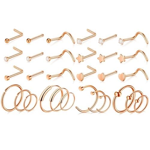LOCCY Piercings Nez en Acier Inoxydable Bijoux pour Femmes et Hommes - Anneau de Nez 21-30 Pièces 20G Or Argent CZ L/Vis — 30 Pièces-Or Rose