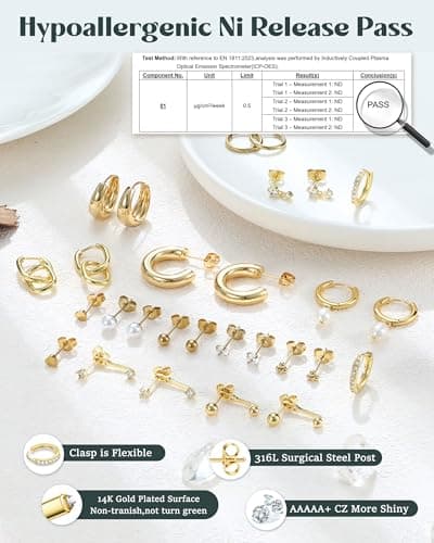 Adramata 14 Pairs Boucles d'Oreilles Femme Plaquées Or 14K Hypoallergénique Boucles d'Oreilles Pendantes Helix Tragus Pi