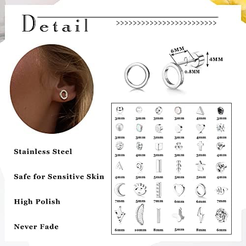 Adramata 36 Pcs Boucles D'Oreilles à Vis Acier Inoxydable pour Femmes et Hommes Mode d'Accessoires de Piercage Recyclés
