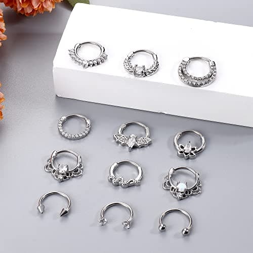 Adramata Nez Anneaux Piercing pour Femmes Septum Piercing Nez Ensemble Accueillant 12PCS Acier Chirurgical Opales CZ