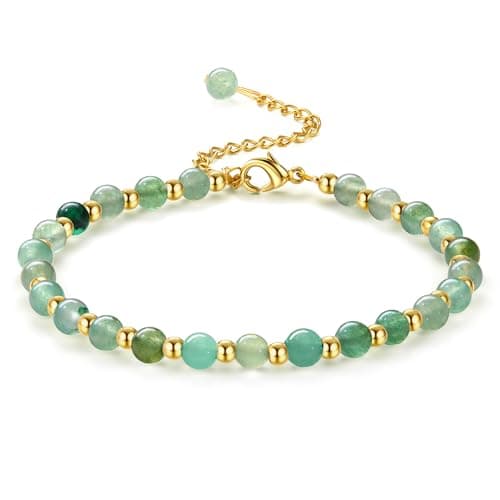 Bracelet Naturel en Pierre de 5MM Plqué Or pour Femme Bracelet Bohème en Acier Inoxydable de 3MM pour Femme Bracelet en — Vert