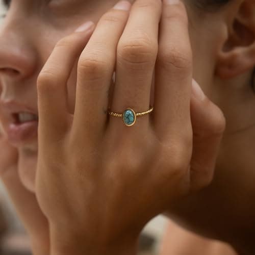 Nami Circulaires Boho en Or Femmes Anneaux Ouverts Réglables Plaqué Or Pierre Précieuse Ovale Turquoise women Boho Jewel