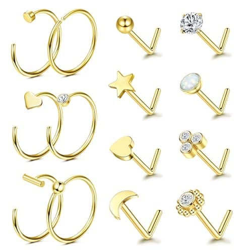 Adramata Or 14K Piercing Nez Acier Chirurgical Anneaux pour Hommes Femmes Hypoallergénique Anneau de Nez 20G Coeur Pierc — Or-Multiple