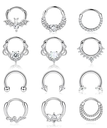 Adramata - Nez Anneaux Piercing pour Femmes | Aç smellurgical 12pcs 16G Tragus Conch Helix Septum Daith Boucles d'oreill — Argent