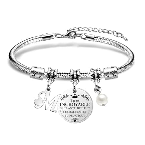 Bracelet Lettre Initiale HEYEJET Personnalisé en Argentpour Femmes et Filles, Mot d'Inspiration, Cadeau Special A-Z — M