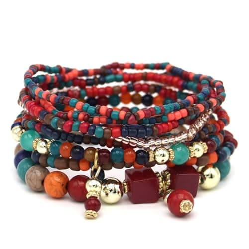 Jovono Boho Bracelets empilables en perles pour femmes - Chaîne de main élastique vintage - Perles de rocaille colorées — Rouge