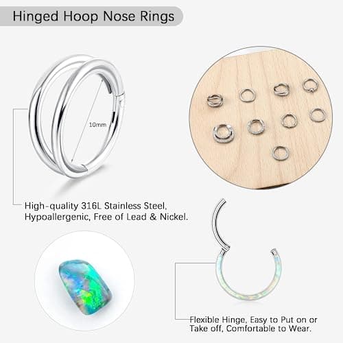 Adramata 9 PiècesAnneaux de Septum 16G Acier Chirurgical Opale CZ pour Femme Hommeavec Bijoux de Piercings 8MM 10MM Recy