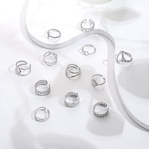 Adramata 12 Pcs Bague Femme Acier Inoxydable Réglable Vintage Recycled Empilable Argent/Or Ouvert Élégante pour Fille