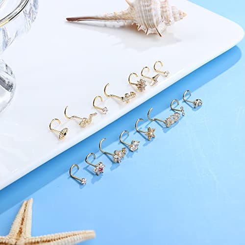 Adramata 15 Pièces Piercings au Nez pour Femme et Homme en Acier Chirurgical et Vis Serpent Fleurbijoux Or Argent