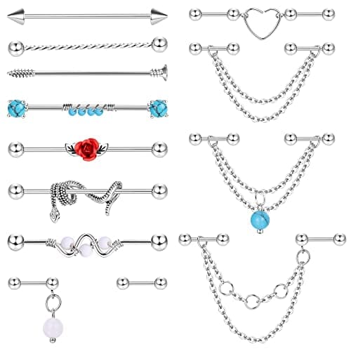 Adramata 13 Pièces Piercings Industriels 14G 16G Acier Chirurgical Boucles d'Oreilles Helix Cartilage Serpent Or Argentb