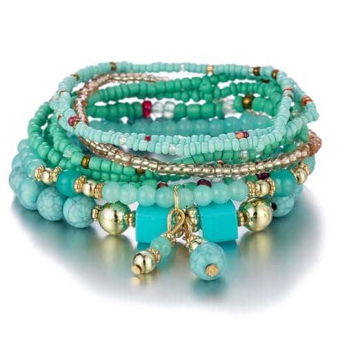 Jovono Boho Bracelets empilables en perles pour femmes - Chaîne de main élastique vintage - Perles de rocaille colorées — Vert