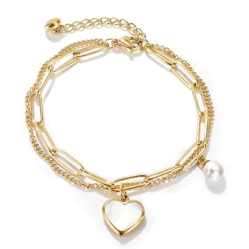 Emibele Bracelet en Forme de Cœur Exquis pour Femmes, Bijoux en Acier Inoxydable Filigrané, Chaîne Gravable avec Fermetu — Blanc & Or -Double Cœur