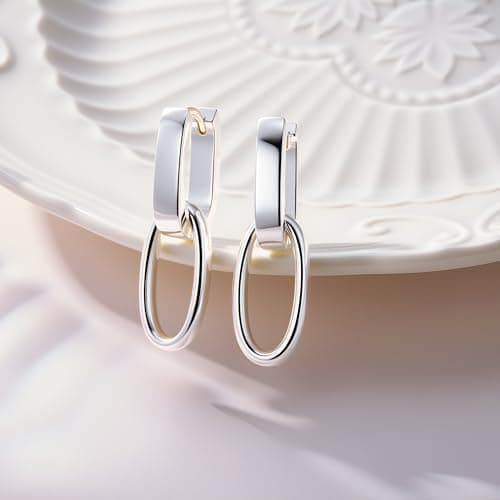 ALEXCRAFT Boucles d'oreille Femme Argent 925 Platine, Créole Double, Boucles d'oreille Pendantes Carré/Ovales/Cœur, Hypo
