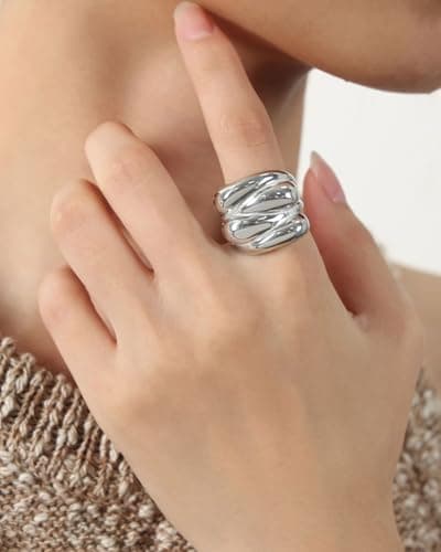 BPTRKOM Épaisses Bagues Délicates en Argent Empilables - Fille, Bijoux Vintage Épaisses Plaquées pour Femmes, 4 Pièces B