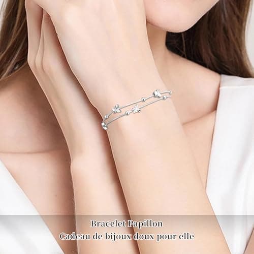 Bracelet argent 925 YELUWA pour Femme, Réglable en Couches et decorated avec Papillon, Idéal en Cadeau d'Anniversaire po