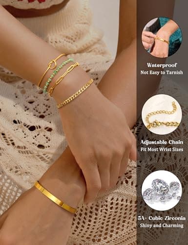 Adramata Chaînes Bijoux Femme Or Acier Inoxydable Plaqué 14K Réglable Imperméable Fantaisie Pierre Naturelle 5 Pièces