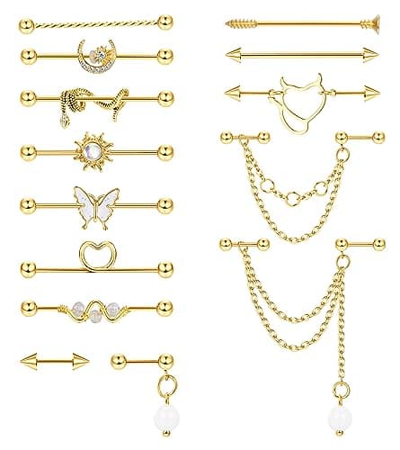 Piercings Industriels Adramata 14G 16G Acier Chirurgical Bijoux Cartilage Helix Or et Argent Recyclés Standard 100 — B-14Pcs-Or1