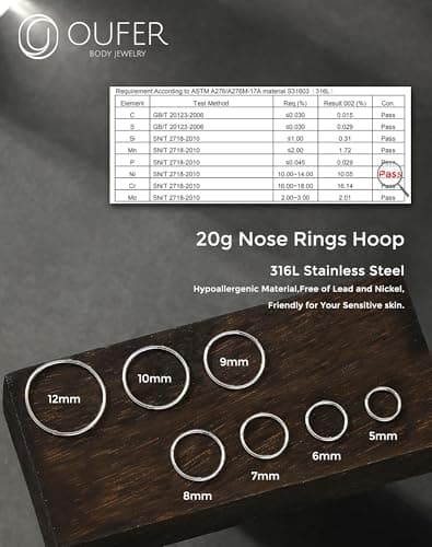 OUFER Piercings Nasals En Acier Chirurgical 316L pour Femmes Nose Hoop Noir 5/6/7/8/9/10/12 mm bijoux de Piercing Corpor