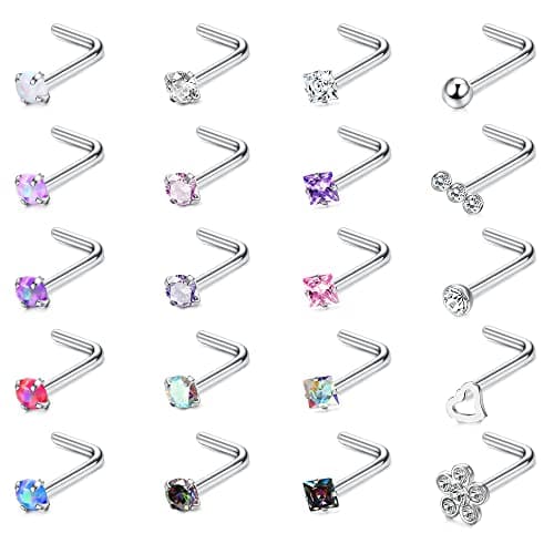 Ensemble de Clous de Nez Adramata 20 Pcs Multicolore Diamant Opale CZ Recycled Claim — En forme de L