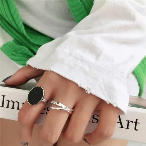 GleaMora S925 Argent Minimaliste Réglable Bague Personnalisée Femmes Ovale Noir Léger Luxe