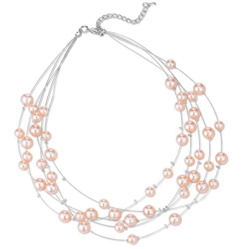 F LU AUTOMNE Collier Perle et Cristal Femme Argent Bijoux Bohème Cadeau Fête Mères — 55-Rose