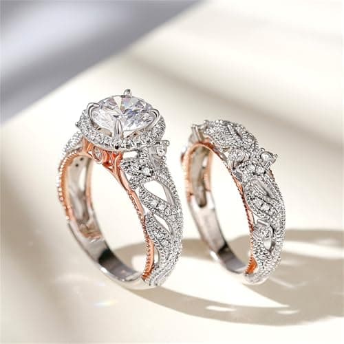 Jeulia 4 Carats Anneau De Fiançailles Diamant Blanc En Or Rose Et Argent Sterling 925 Ensemble De Mariage Homme Et Fille