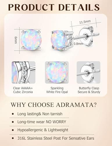 Adramata Boucles d'oreilles en acier inoxydable plaqué or blanc 18 carats avec opale ronde pour femme, Acier inoxydable
