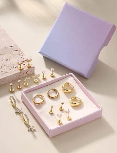 Adramata Boucles d'Oreilles Femme Or Argent Créoles Hypoallergéniques 9 Paires Piercings Tragus et Helix