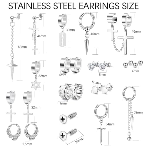 Adramata 24 Pcs Boucles d'Oreilles Acier Inoxydable pour Homme Punk et Fantaisie Standard 100 Noir