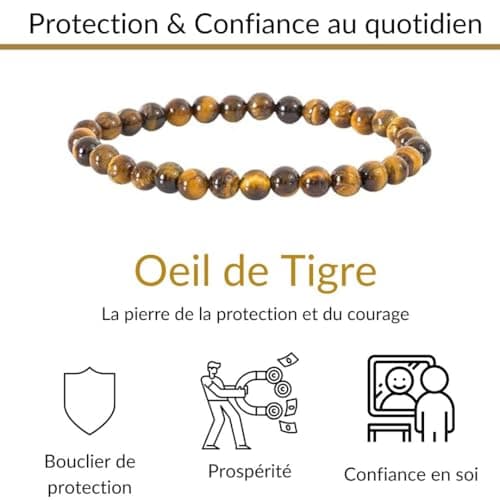 Garaulion Bracelet Œil de Tigre 6mm | Pierre Naturelle pour Protection & Confiance | Bijoux Femme Homme | Satisfait ou R