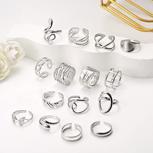Bague Argent Acier Inoxydable LOLIAS pour Femmes - 16 Pièces Ouvert Réglable Vague Câlin Empilables Noeud Plume Orteil L
