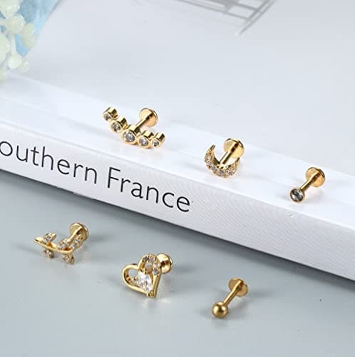 Adramata 6 Pièces Piercings Pour Piercés Fileté CZ Femmes Hommes Bijoux Oreille Recycled Standard 100