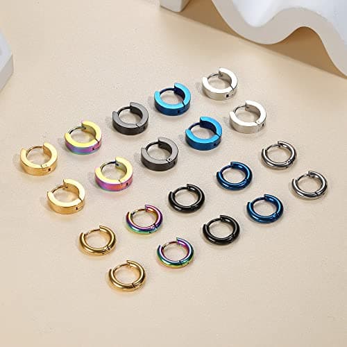 Adramata 10 Paires Boucles d'Oreilles Homme Créoles | Acier Inoxydable Coloré Or Noir Argent Piercing Helix Conque | Rec