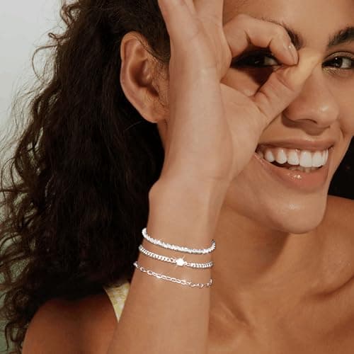 MUCCA Lot de 3 bracelets empilables en argent 925 pour femme - Cadeau d'anniversaire - Argent sterling multicouche régla