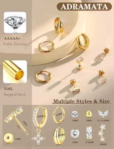 Adramata Boucles d'Oreilles Femme Or Argent Créoles Hypoallergéniques 9 Paires Piercings Tragus et Helix
