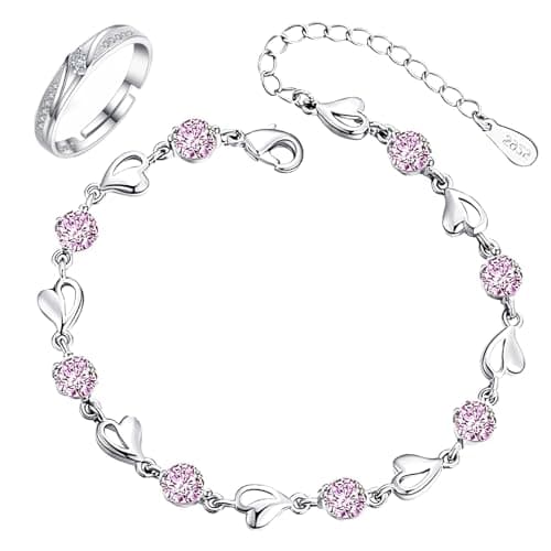 Bracelet Argent 925 Femme Coeur Ajustable avec Anneau NGUSO, Bracelet Argent Massif Femme Coeur 925 Ajustable avec Annea — rose.