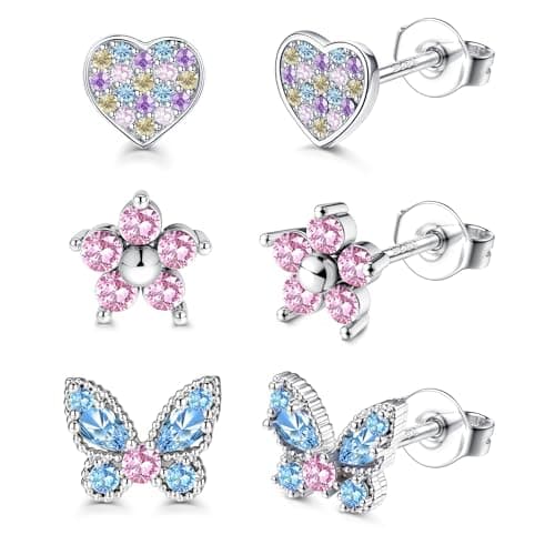 Adramata Boucles d'Oreilles Argent 925 Fille et Femme Hypoallergéniques Boucles d'Oreilles Fleur Coeur Papillon avec Des